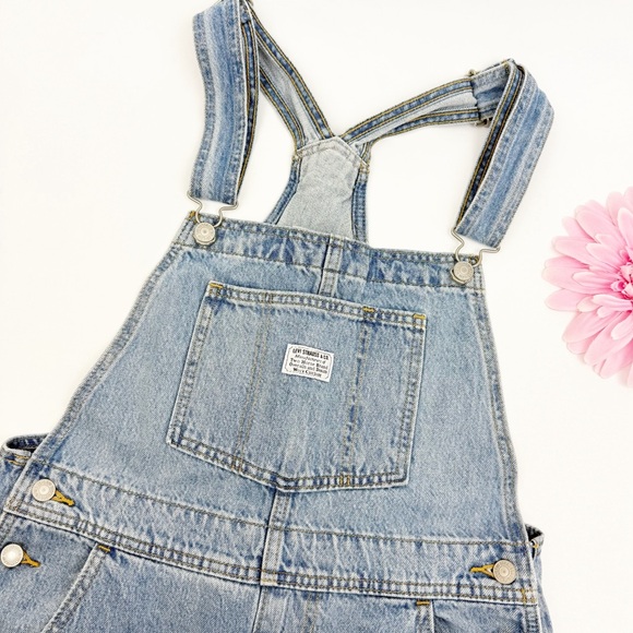 Levi’s Premium Vintage Denim Straight Leg Overalls Bright Light Wash Distressed - Picture 4 of 16